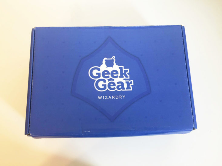 closed blue cardboard box with Geek Gear printed in white