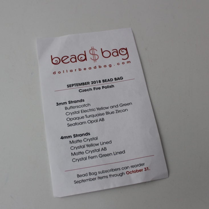 Dollar Bead Bag September 2018 Booklet