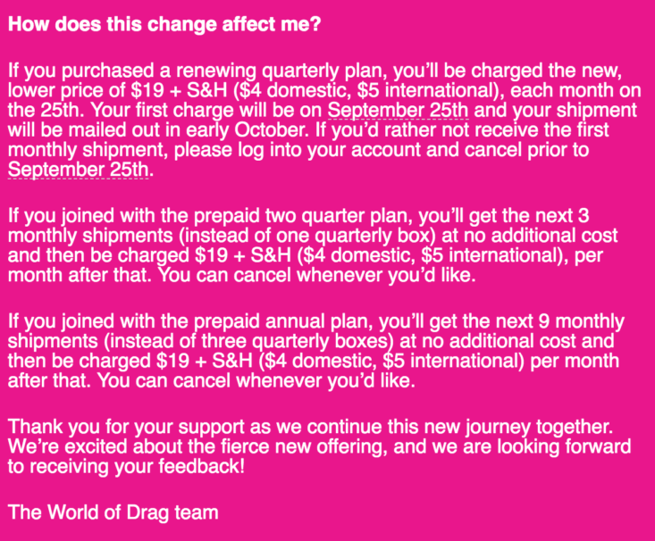 World of Drag box is now monthly