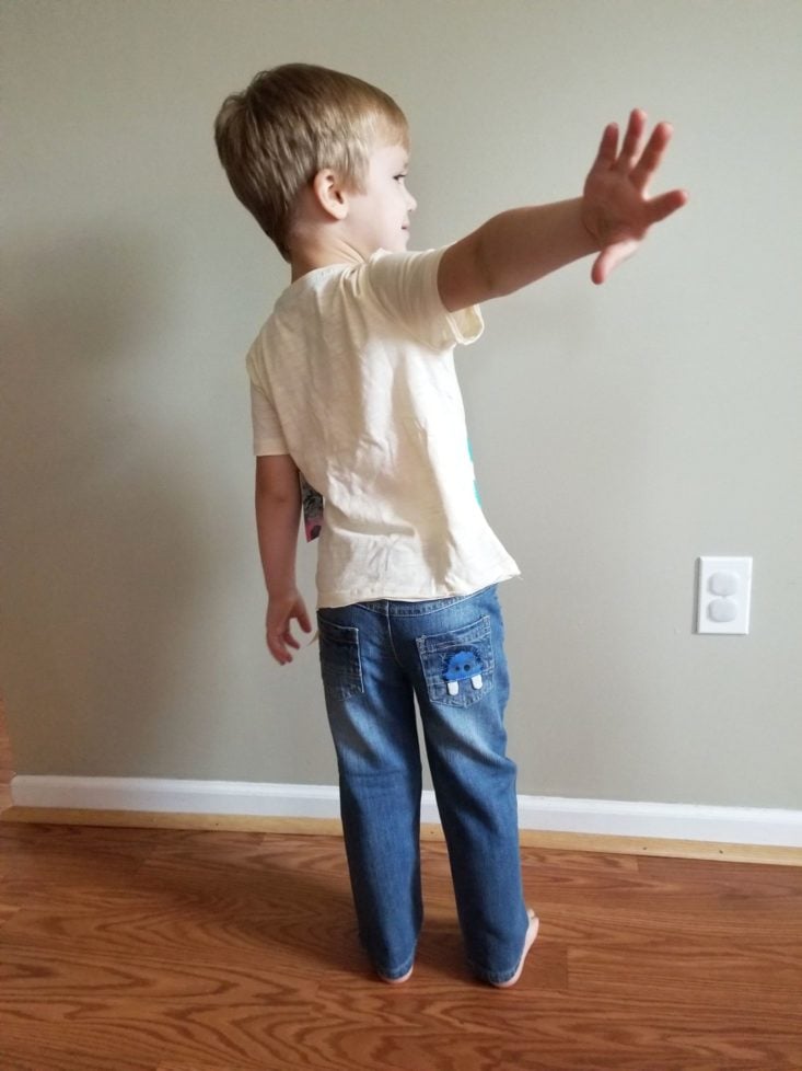 Stitch Fix Kids dinosaur shirt and pull-on jeans modeled