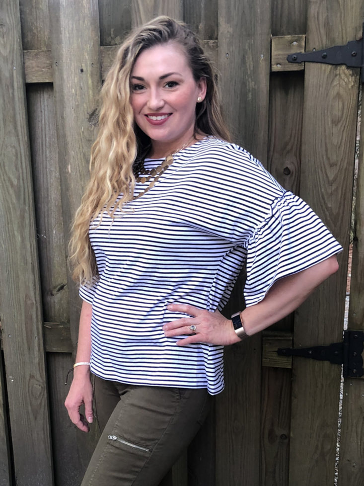 Sage Ruffle Sleeve Stripe Tee in White/Navy by Beach Lunch Lounge, M -