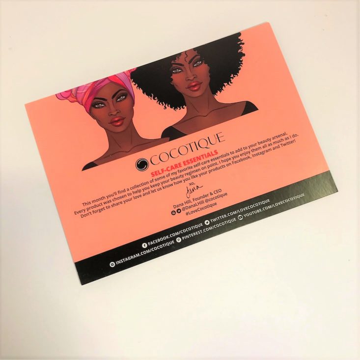 Cocotique “Self-Care Essentials” October 2018 - Cocotique Info Card Front