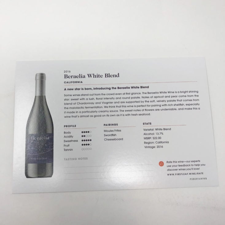 First Leaf Wine October 2018 - Beraelia White Blend Info Card Back
