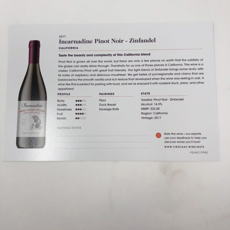 First Leaf Wine October 2018 - Incarnadine Pinot Noir - Zinfandel Info Card Back