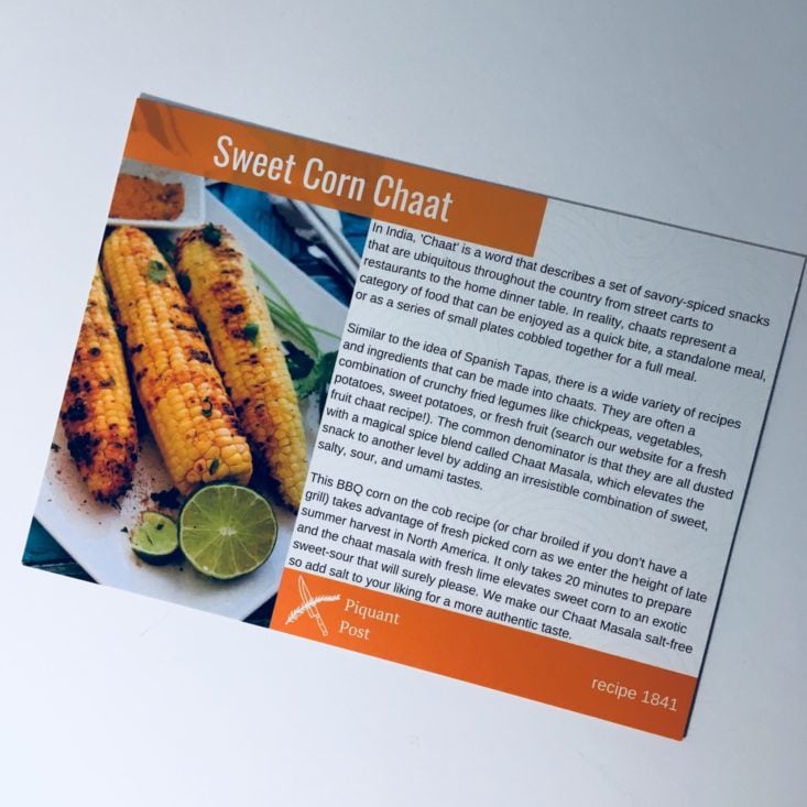 Piquant Post Review September 2018 - SWEET CORN CHAAT CARD FRONT
