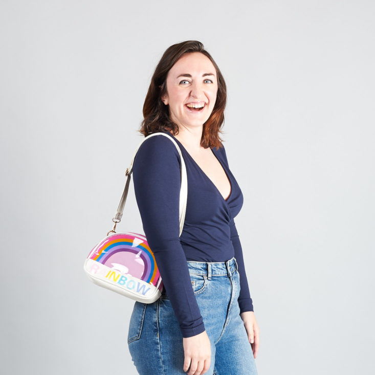 quirky crate rainbow purse on model