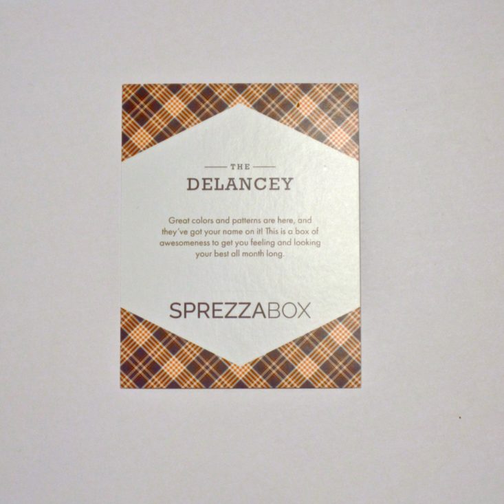 Sprezzabox October 2018 - The Delancey Info Card Front