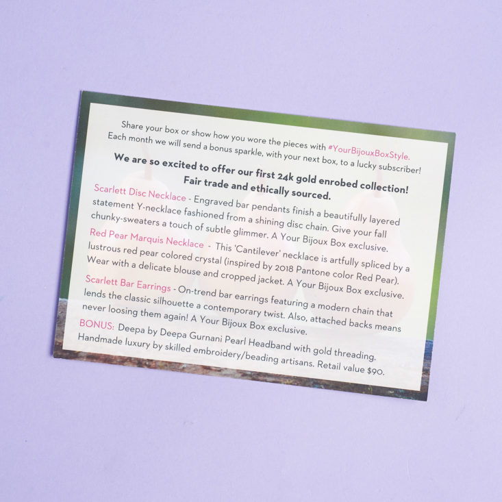 your bijoux box info card product list