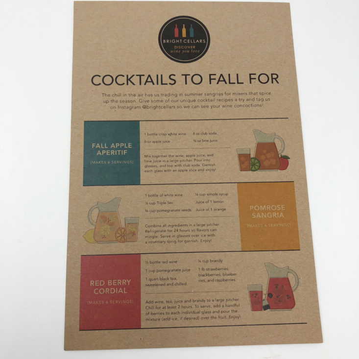 Bright Cellars Win Box November 2018 - Info Card Cocktails to Fall For Front
