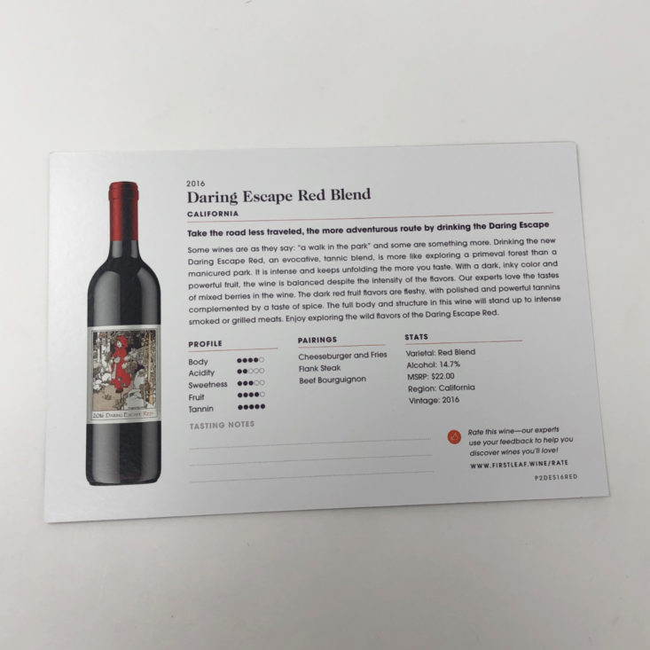 Firstleaf Wine November 2018 - Daring Escape Red Blend Info Card Back