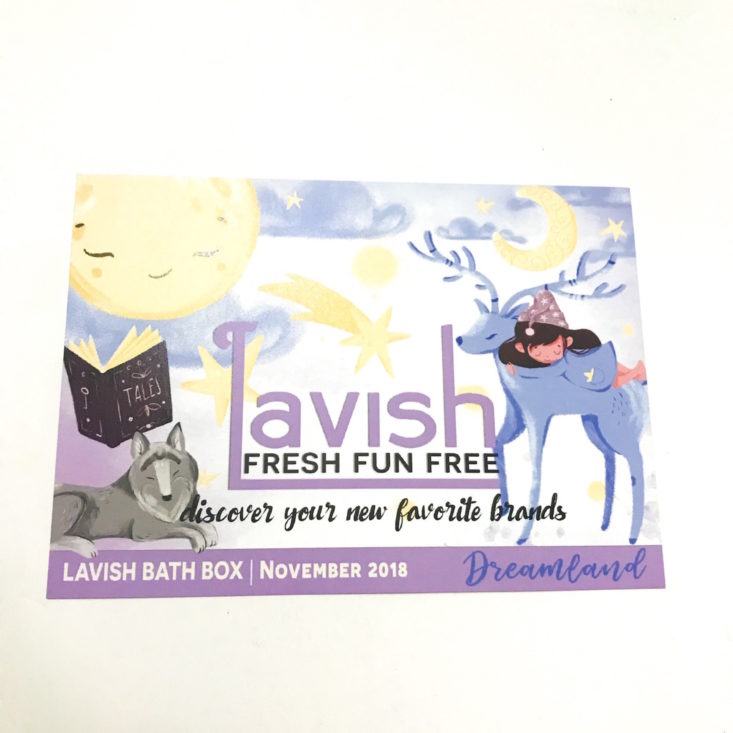 Lavish Bath Box November 2018 “Dreamland” Review - information card Front