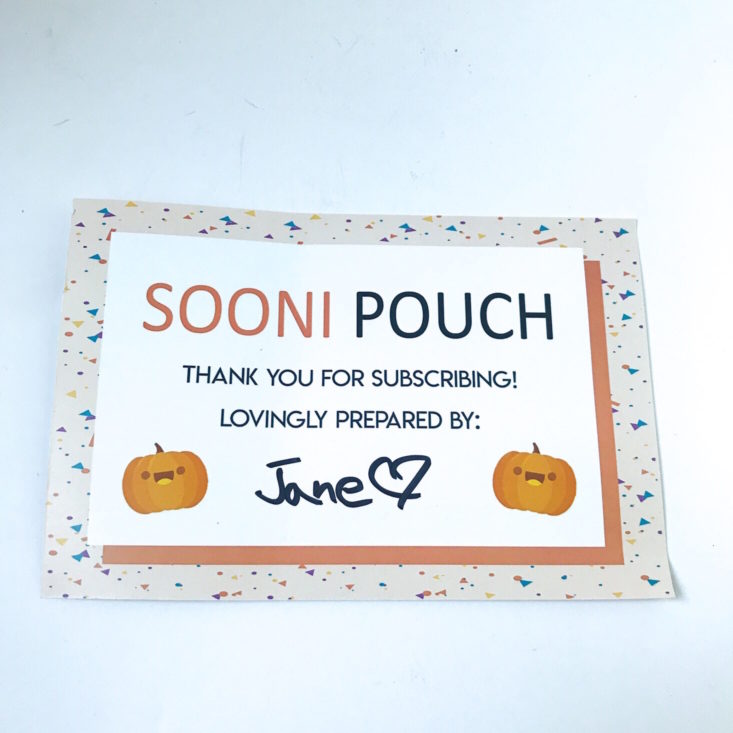Sooni Pouch October 2018 - Info Card Front