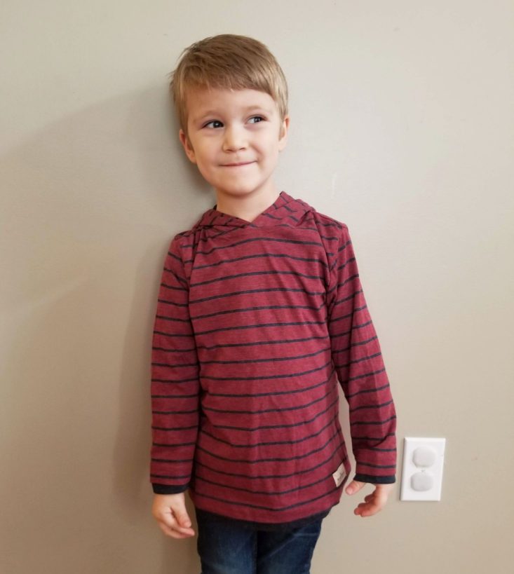 Stitch Fix Boys December 2018 reversible hoodie, red stripes modeled