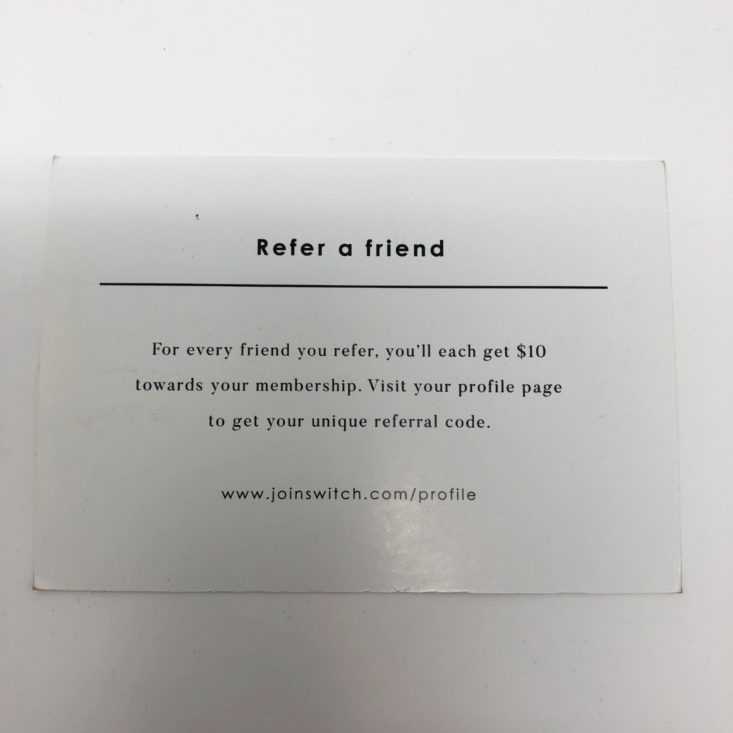 Switch Designer Jewelry Rental November 2018 - Refer a Friend Info Card Front