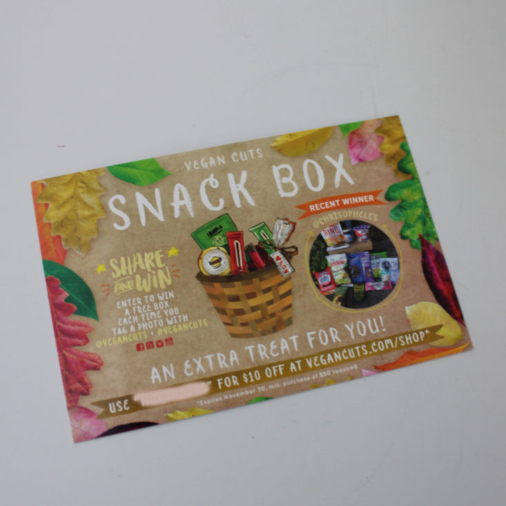Vegan Cuts Snack Box November 2018 Review - Information Card Front