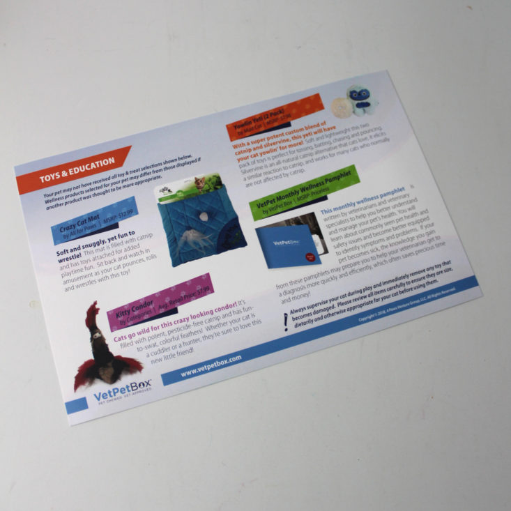 Vet Pet Box (Cat Version) December 2018 Review - information Card Front