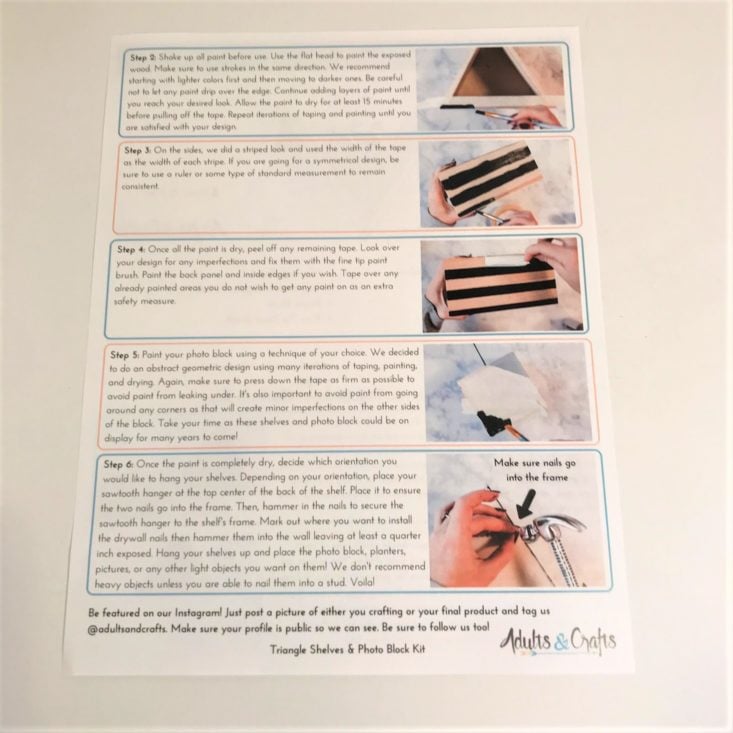 Adults & Crafts Triangle Shelves & Photo Block Kit November 2018 Review - Instruction Card Back