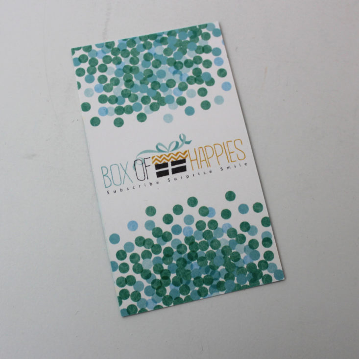 Box of Happies November 2018 Review - information Card Front Top