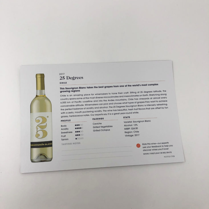 Firstleaf Wine December 2018 - 2017 25 Degrees Sauvignon Blanc (Chile) Open Back