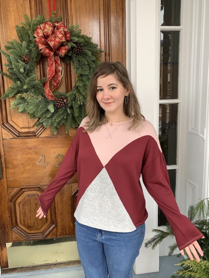 Golden Tote $59 + Add-Ons Clothing Tote Review December 2018 - Lazy Sundays Cozy Color Block Sweatshirt 1 Front