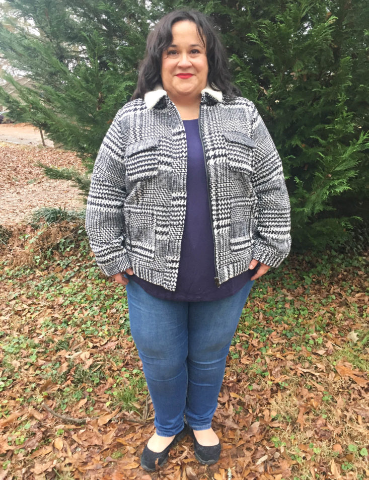 JustFab Subscription Box Review & BOGO Offer December 2018 - Plaid Jacket With Shearling Collar Front