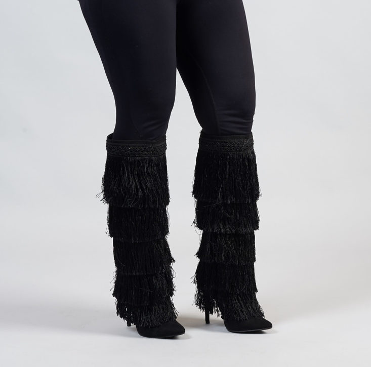 Shoedazzle fringe boots on model
