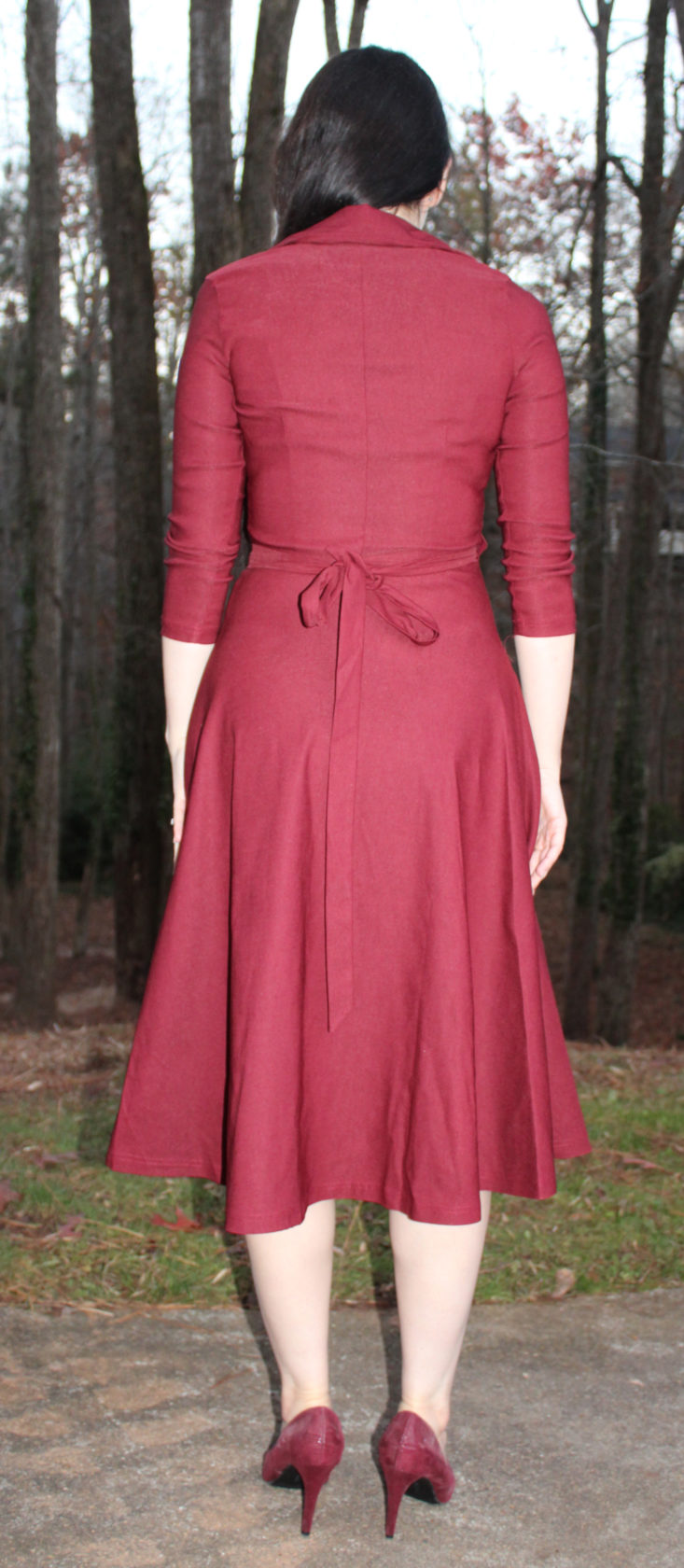 Unique Vintage November 2018 Review - Burgundy Red Stretch Sleeved Anna Wrap Dress Back