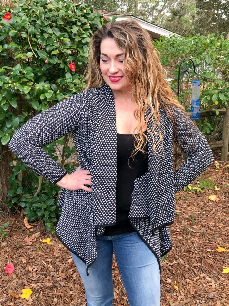 black and white cardigan front