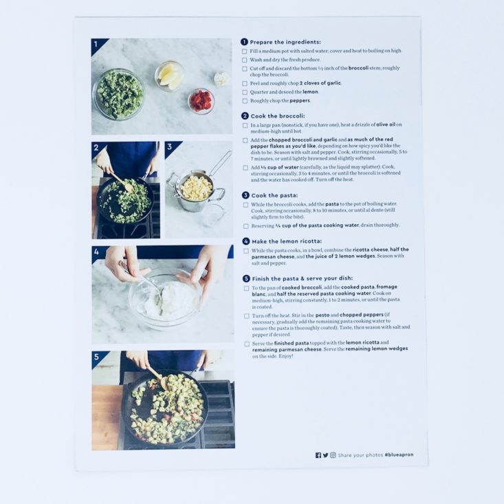 Blue Apron Subscription Box Review January 2019 - PASTA RECIPE Book BACK Top