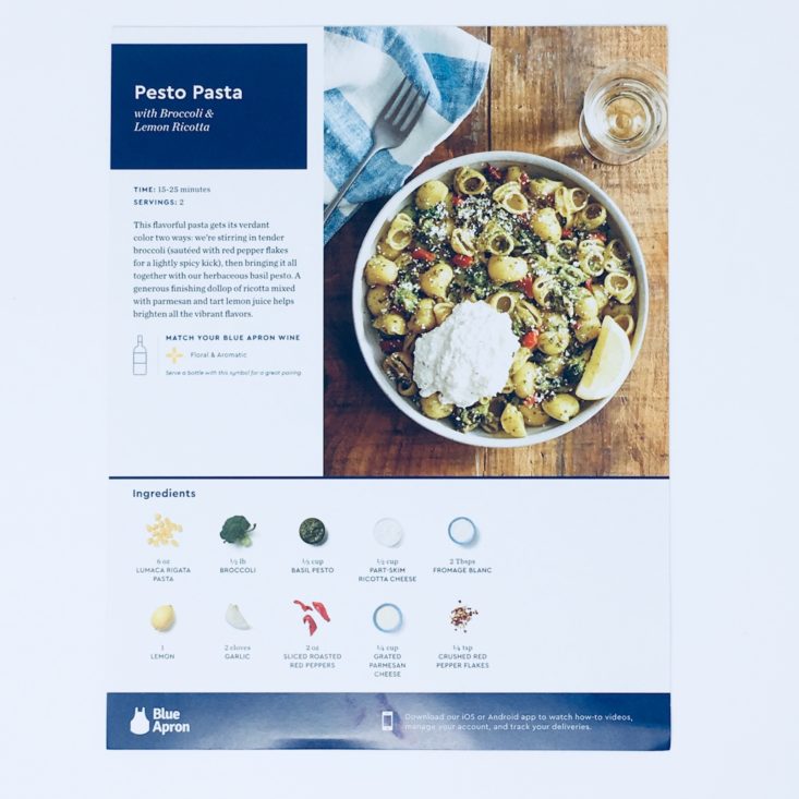 Blue Apron Subscription Box Review January 2019 - PASTA RECIPE Book FRONT Top