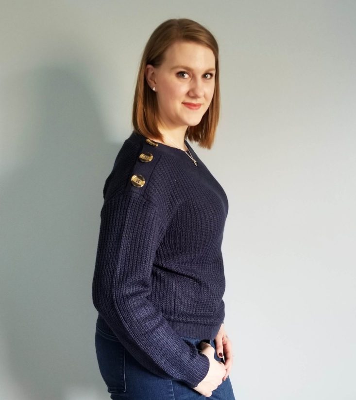 Daily Look December 2018 navy button sweater details