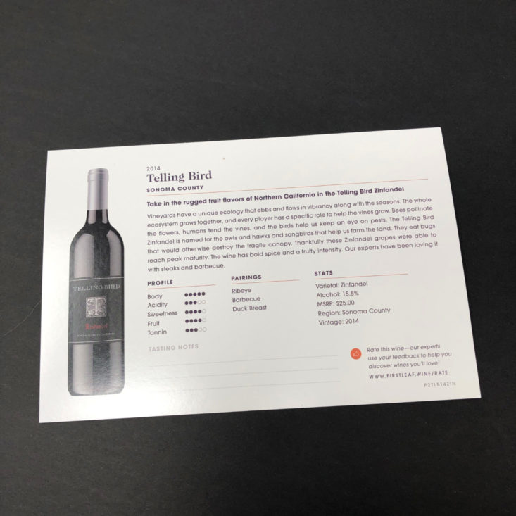 Firstleaf Wine Subscription Review January 2019 - Telling Bird Zinfandel (Sonoma County) Info Card Back Top