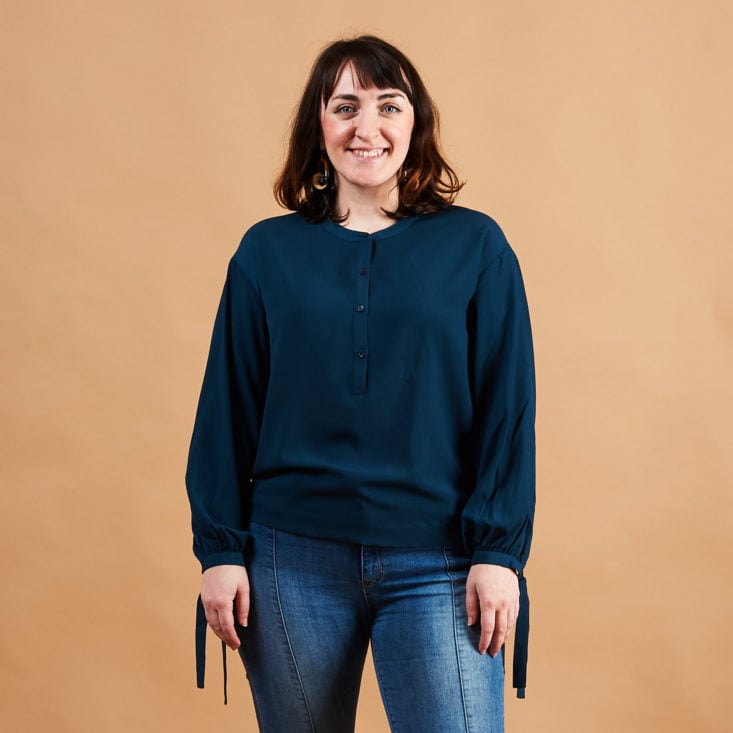 Frank and Oak tie sleeve blouse on model