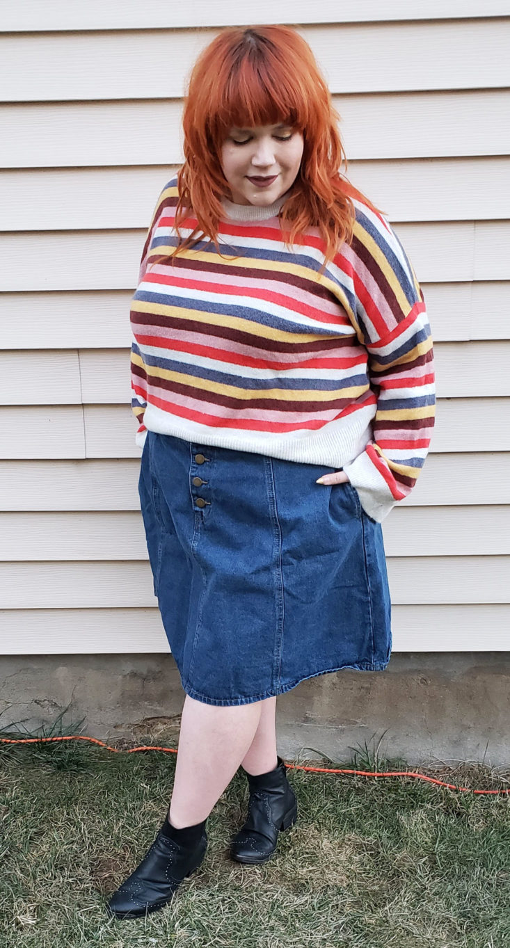 Gwynnie Bee Box Review November 2018 - Knee Length Denim Skirt by Modcloth On Pose 2 Front