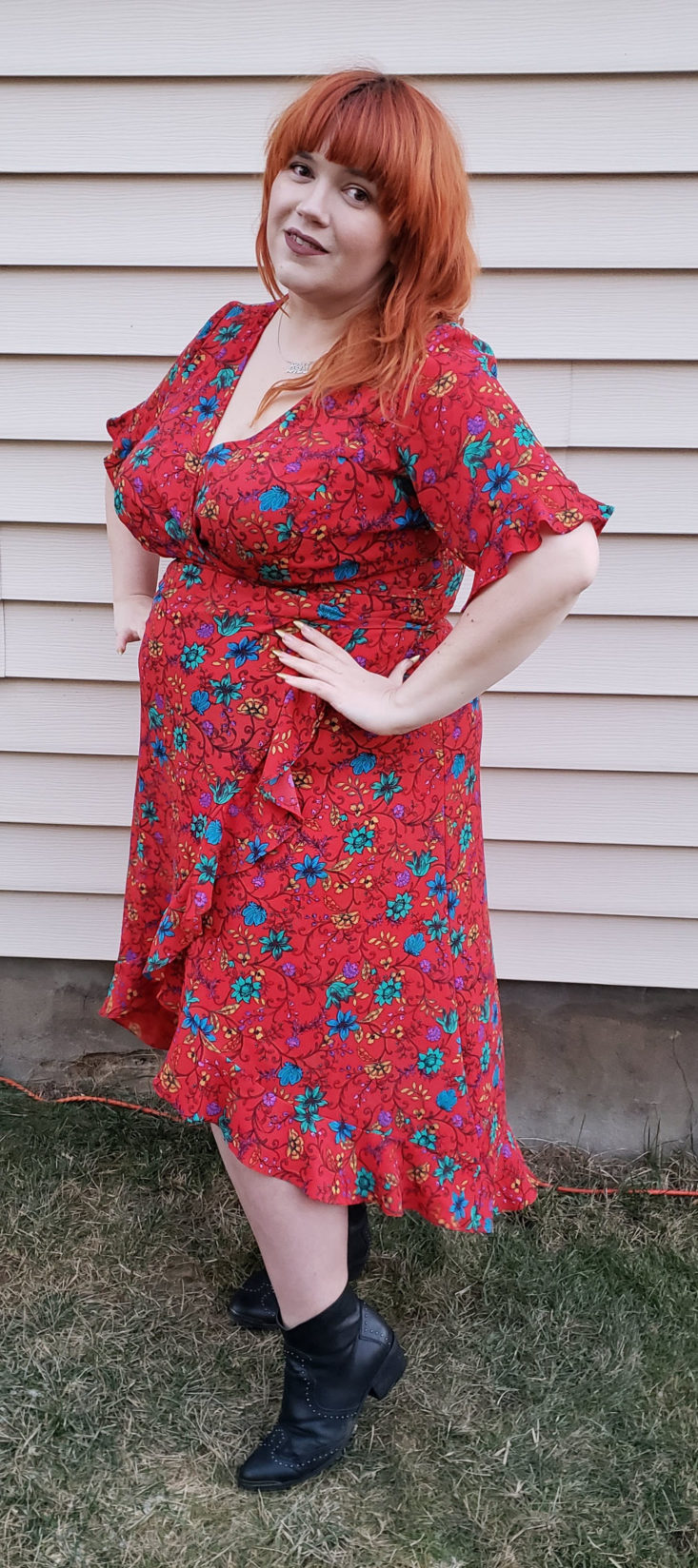 Gwynnie Bee Box Review November 2018 - Ruffle Sleeve Red True Floral Wrap Dress by London Times On Pose 3 Front