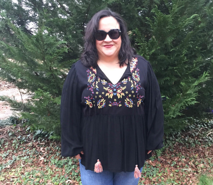 Gwynnie Bee January 2019 - Tassel Embroidered Black Peplum Front 1