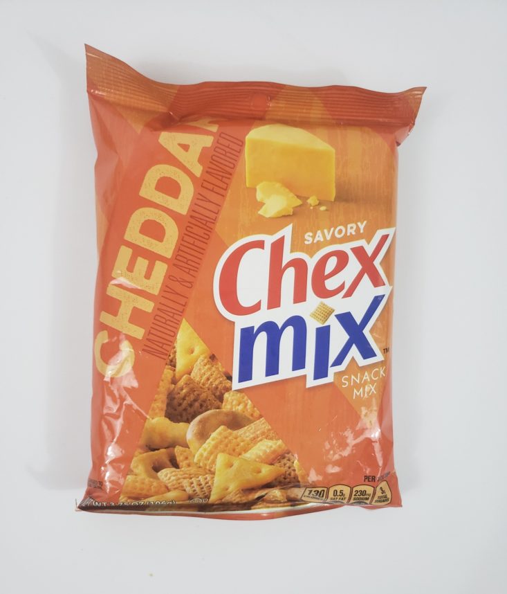 MONTHLY BOX OF FOOD AND SNACK REVIEW – January 2019 - Cheddar Chex Mix Front