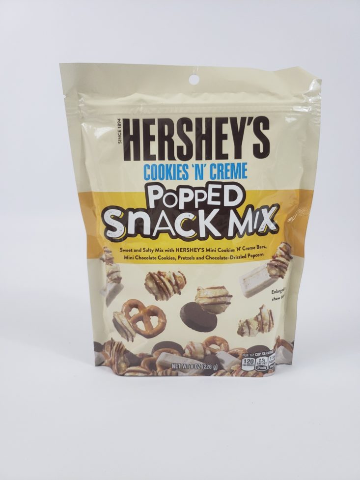 MONTHLY BOX OF FOOD AND SNACK REVIEW – January 2019 - Hershey’s Cookies N Crème Popped Snack Mix Front