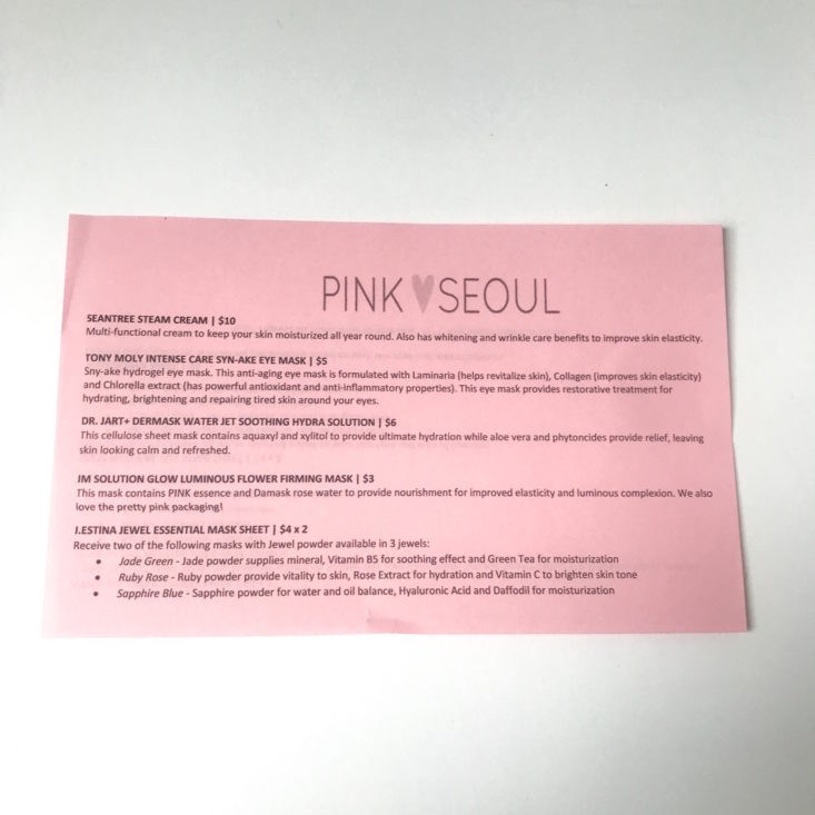 PinkSeoul Mask Box December 2018 - Info Sheet 1