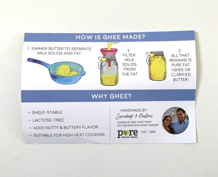 Takeout Kit Meal Subscription Box Review January 2019 - Information Sheet For Ghee Front Top
