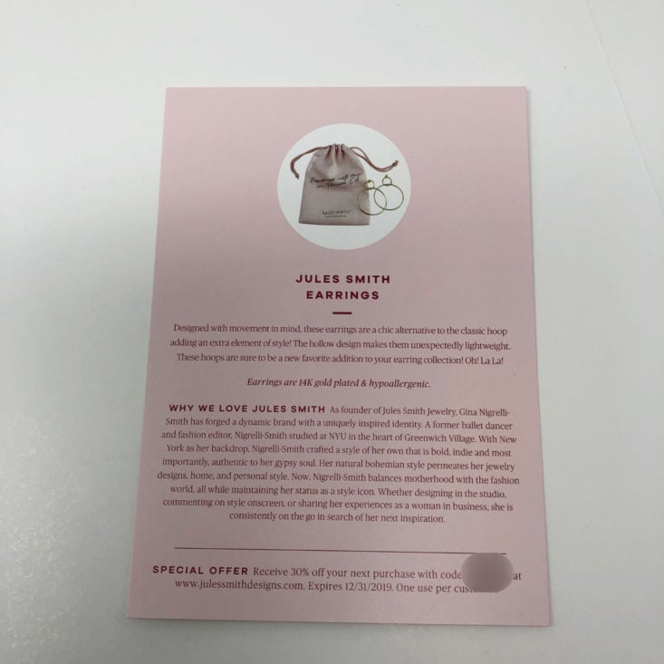 VineOh! Review Winter 2019 - Jules Smith Circle Hoop Earrings Information Card Top