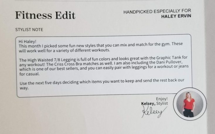Wantable Fitness Edit January 2018 stylist letter