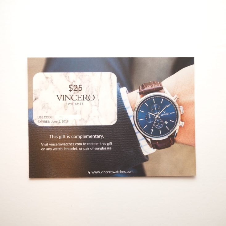 Gentlemans Box February 2019 - Vincero Watches Gift Card Back