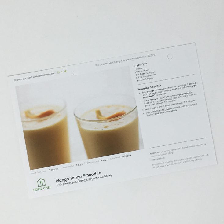 Home Chef Subscription Box Review February 2019 - SMOOTHIE RECIPE CARD