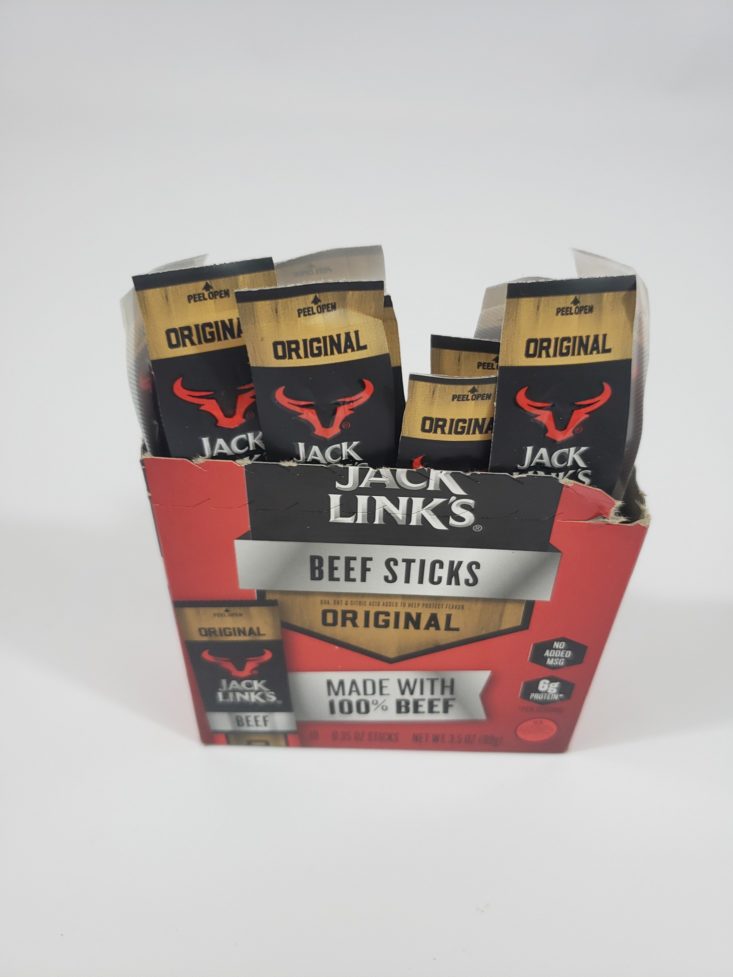 MONTHLY BOX OF FOOD AND SNACK February 2019 - Jack Links Original Beef Sticks Opened Top