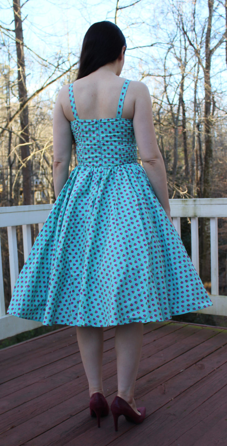 Unique Vintage Review February 2019 - Unique Vintage 1950s Turquoise Blue and Pink Strawberry Print Golightly Swing Dress Onn Back