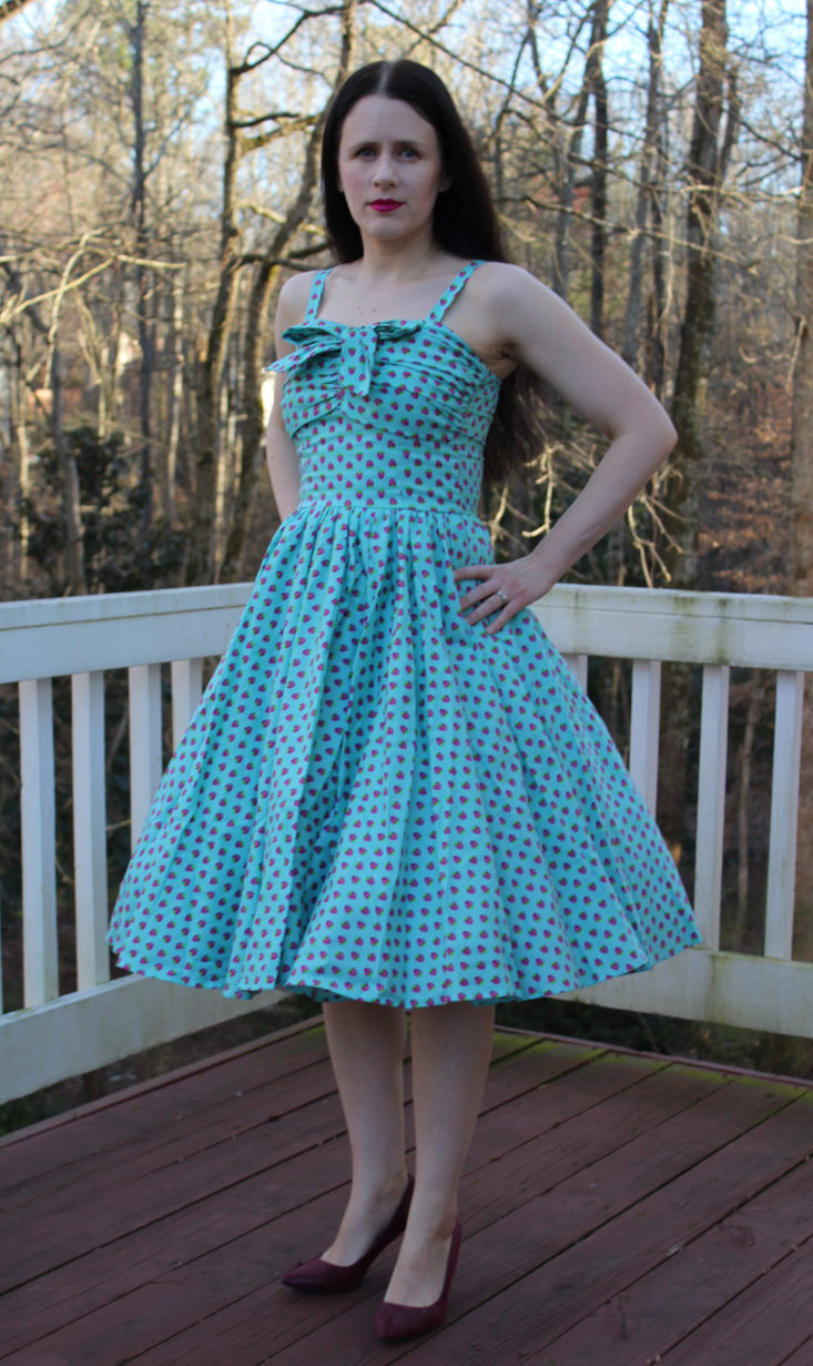 Unique Vintage Review February 2019 - Unique Vintage 1950s Turquoise Blue and Pink Strawberry Print Golightly Swing Dress Onn Front