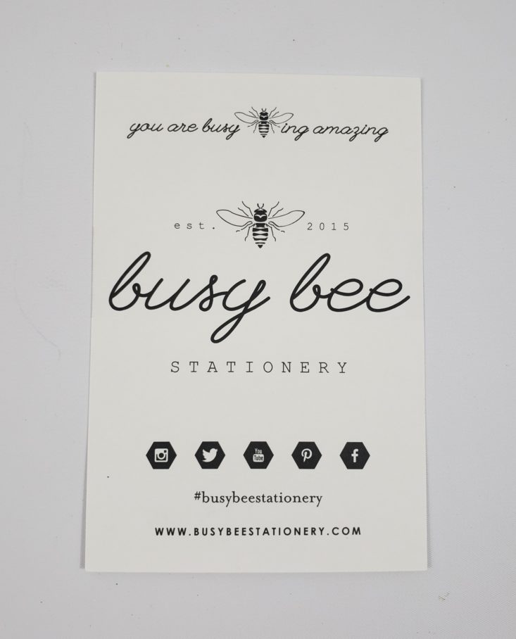 BUSY BEE STATIONERY Subscription Box Review March 2018 - Theme Introducing Card Back Top