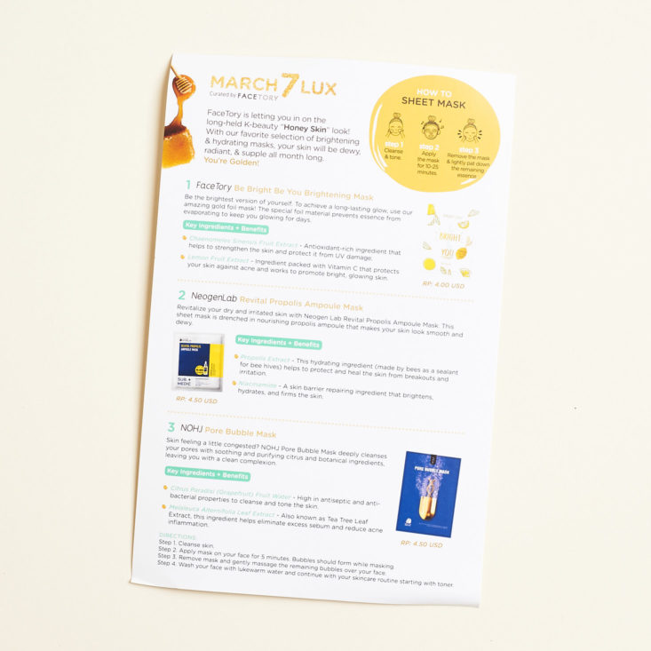 Facetory 7 Lux March 2019 -mask info card front