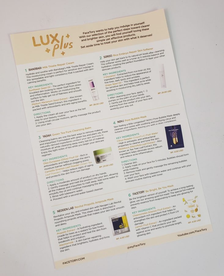 Facetory Lux Box Deluxe Review March 2019 - Information Card 1 Top